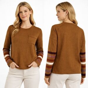 TITLE NINE Synergy Crew Neck Sweater Womens Large Brown Striped Sleeves Casual